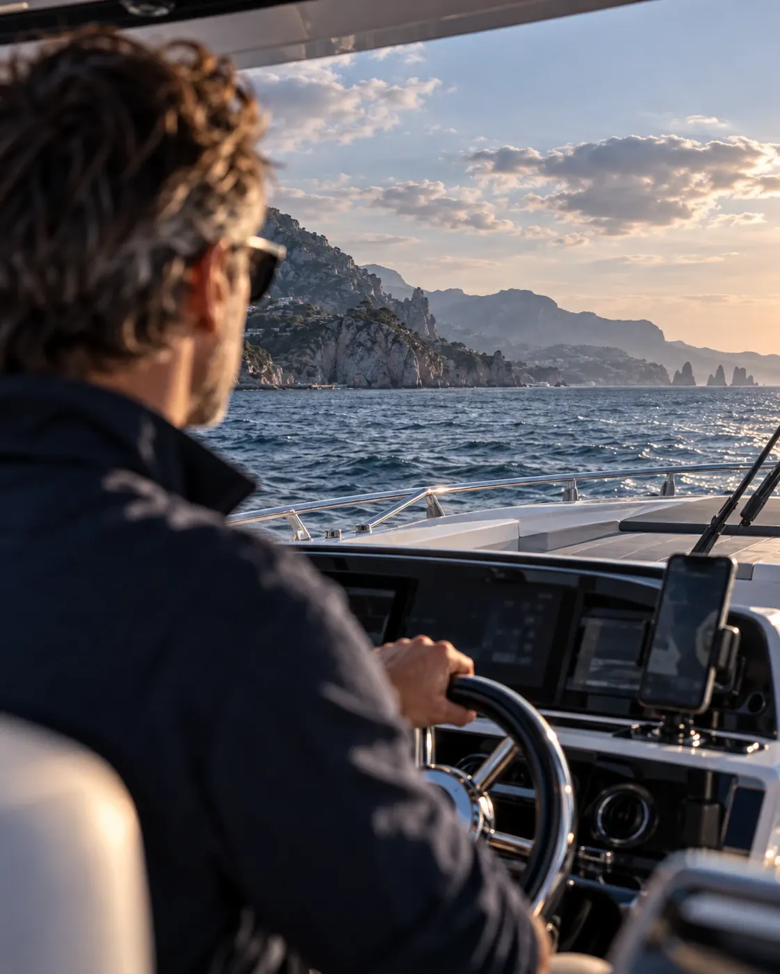 A skipper at the helm, heading towards the coast