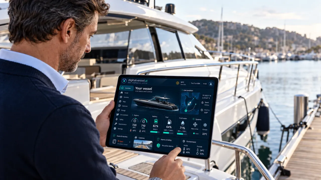 A man on the quay checks the boat's condition on a tablet: tank levels, systems status and alerts