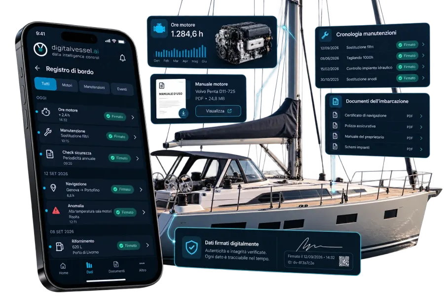 Smartphone showing the digitalvessel.ai logbook beside a sailing yacht: engine hours, maintenance history, the boat's documents and digitally signed data