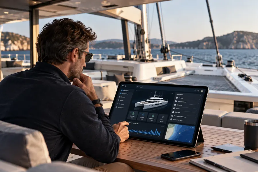 Un armatore a bordo di un catamarano consulta sul tablet il profilo digitale dell'imbarcazione: panoramica, consumi, mappa e archivio dei documenti