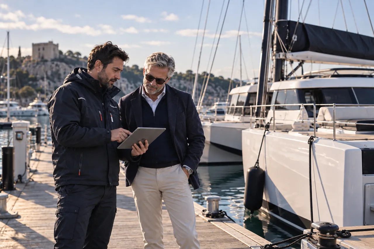 A technician shows the owner the boat's data on a tablet, on the quay