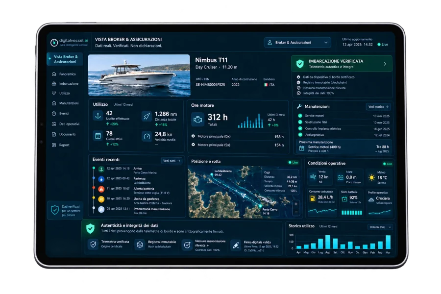 Tablet showing the digitalvessel.ai Insurance view: verified vessel, usage, engine hours, maintenance, events, position and data integrity
