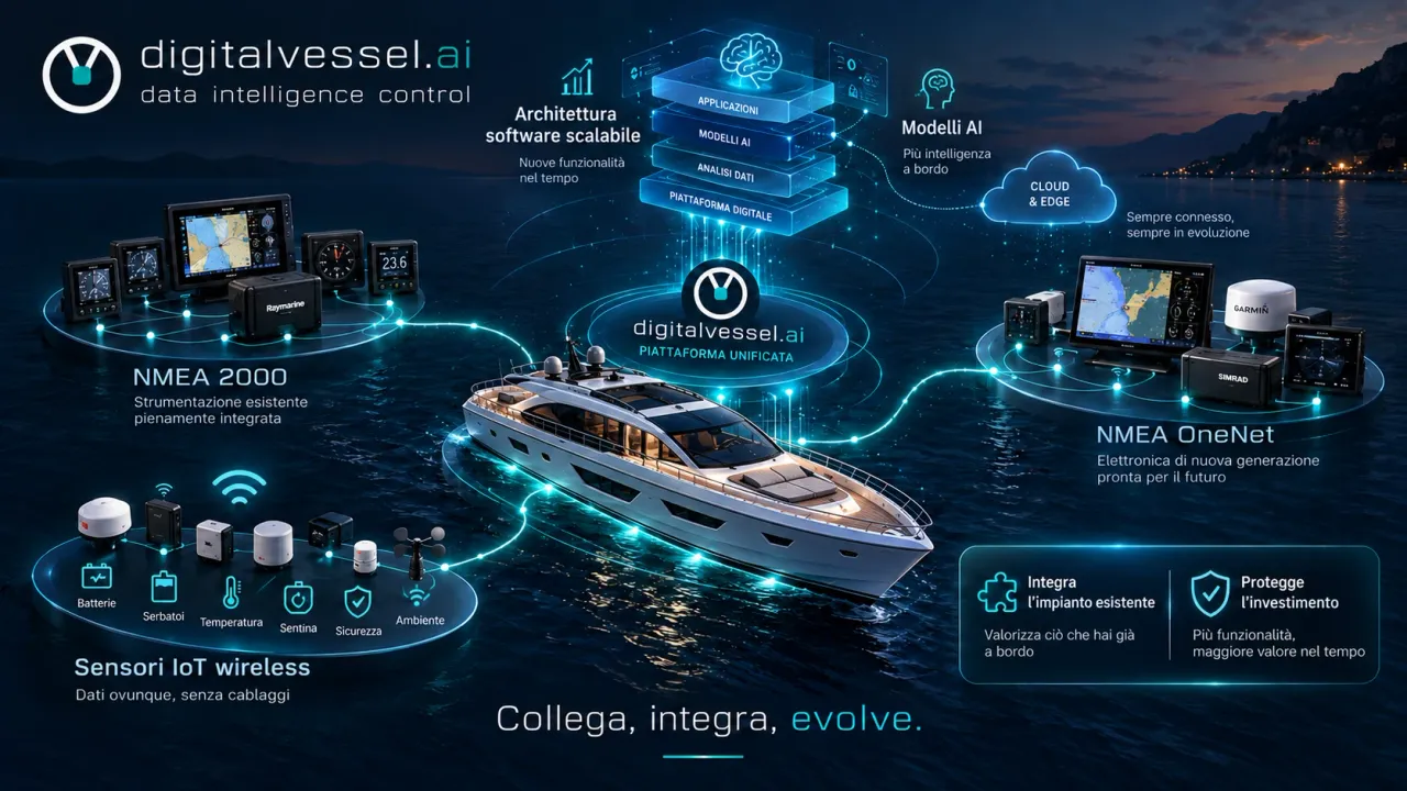Diagram of the unified digitalvessel.ai platform: a boat connected to NMEA 2000 instruments, NMEA OneNet electronics and wireless IoT sensors, with a scalable software architecture, AI models and cloud