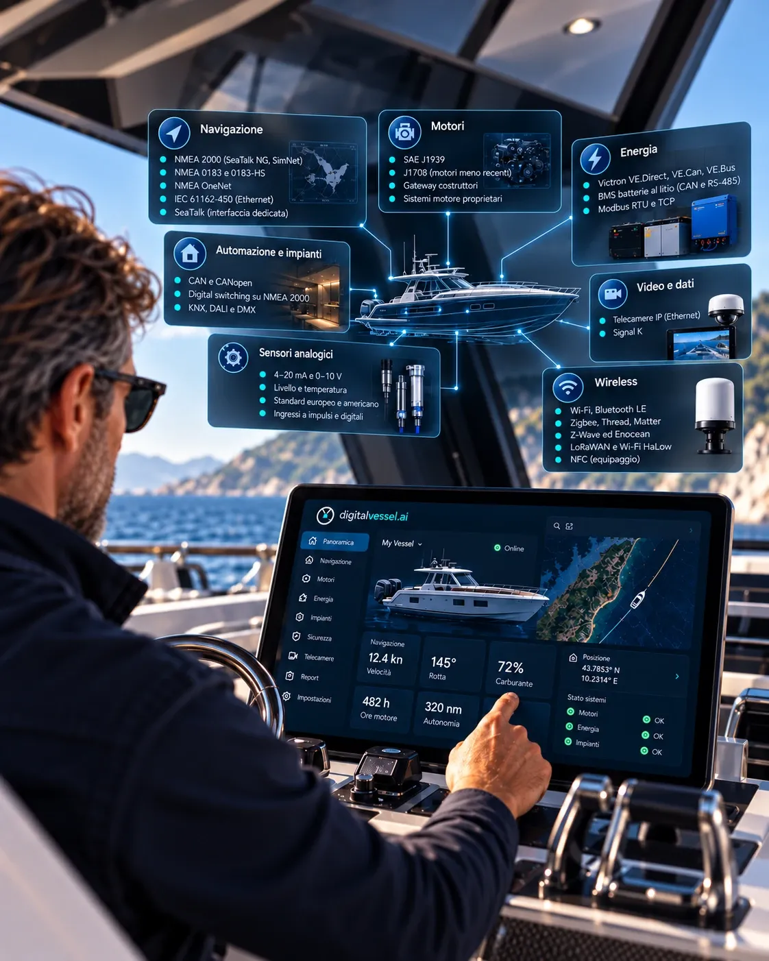 Schema dell'Universal Hub: collegamenti a navigazione, motori, energia, automazione e impianti, sensori analogici, video e dati, wireless, GNSS e uscite di comando