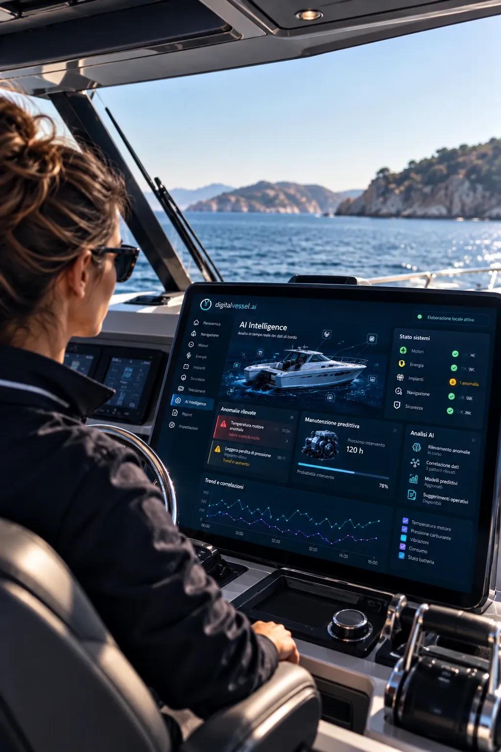 Interfaccia dell'Universal Intelligence: monitoraggio AI dell'imbarcazione, stato generale, allarmi e anomalie, manutenzione predittiva, analisi AI, navigazione, motori, energia, impianti e consumi