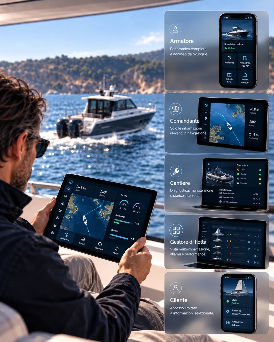 Universal Vision: viste dedicate ad armatore, comandante, cantiere, gestore di flotta e cliente o assicurazione, su display di plancia, tablet e smartphone